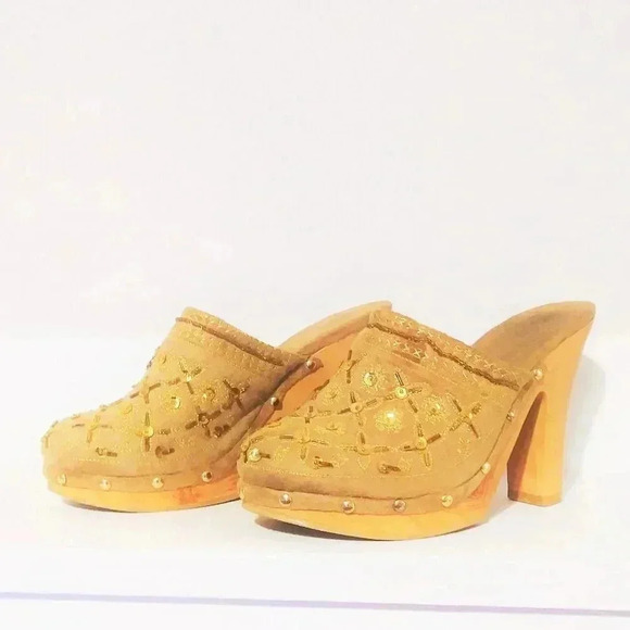 Splash Shoes - Gold Beaded Wooden Platform Clogs Mules Women's Size 7.5 Heels